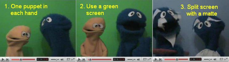 Three ways of putting two puppets on screen with only one puppeteer